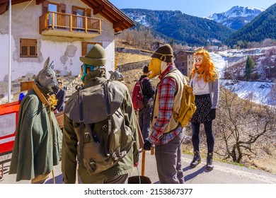 Valfloriana, Italy - February 26, 2022: Carnival Participant Reenacting Local Events, In The Valfloriana Carnival, Trentino, Northern Italy