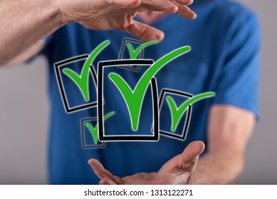 Validation concept between hands of a man in background