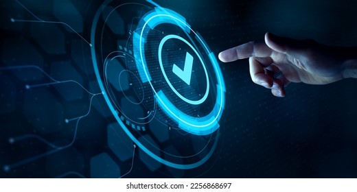 Validation concept for business process automation, quality assurance management, certification, digital transformation. Finger touching checked icon on virtual screen interface.