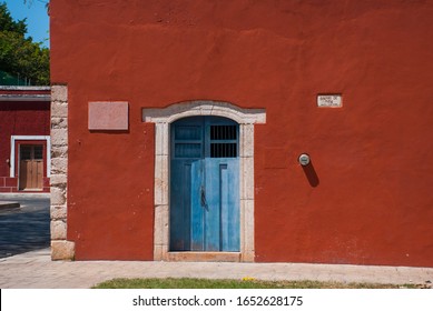 VALLADOLID, MEXICO, YUCATAN - MARCH 2018: Colorful buildings on Mexican street in the center of the old city of Valladolid in Mexico on the Yucatan Peninsula