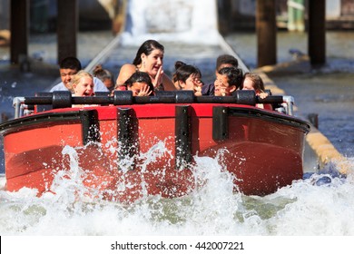 VALLEJO, CALIFORNIA, USA JUNE 14th 2016: Monsoon Falls Intamin Spillwater water ride at Six Flags Discovery Kingdom a 50 foot climb then drops down creating a giant wave - Shutterstock ID 442007221