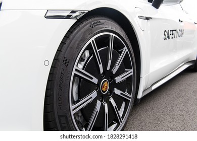 Vallelunga, Italy, 19 September 2020. Aci Racing Weekend. Safety Car Racing Circuit Tire Close Up Porsche Logo Brand