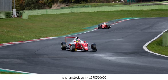 Vallelunga, Italy 5 December 2020, Aci Racing Weekend. Racing Car Single Seater Formula In Action At Turn On Wet Asphalt Circuit Track