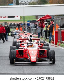 Vallelunga, Italy 5 December 2020, Aci Racing Weekend. Racing Formula Cars Front View Aligned In Asphalt Circuit Pit Lane