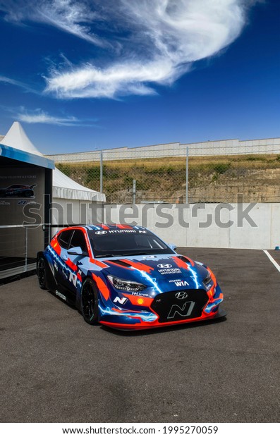 Vallelunga, Italy, June 19 2021, Pure ETCR\
Championship. Modern Hyundai Electric racing car in circuit paddock\
full length