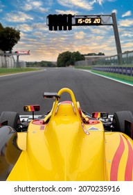 Vallelunga, Italy, October 30 2021. American Festival Of Rome. Race Start Concept, Race Car Driver Point Of View From First Position Asphalt Circuit Racetrack