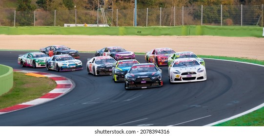 Vallelunga, Italy, October 30 2021. American Festival Of Rome. Nascar Cars Formation Lap Aligned For Rolling Race Start