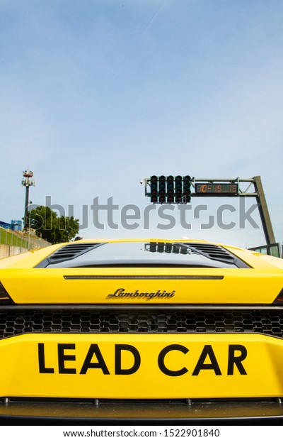 Vallelunga, Italy september 15 2019. Low angle\
rear view close up of Lamborghini racing lead car with starting\
lights in\
background