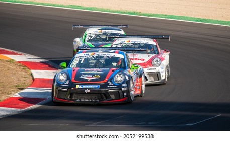 Vallelunga, Italy September 18th 2021 Aci Racing Weekend. Race Cars Challenging At Asphalt Circuit Turn, Porsche Carrera Group In Action