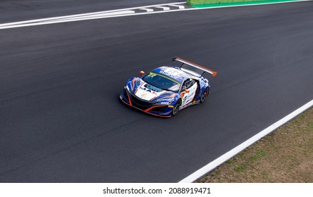 Vallelunga, italy september 18th 2021 Aci racing weekend. Fast Honda NSX GT on asphalt race track spectacular high angle view