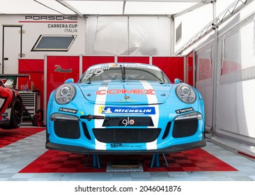 Vallelunga, Italy September 19th 2021 Aci Racing Weekend. Porsche Carrera Cup Racing Car In Circuit Paddock, Front View No People