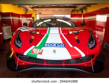 Vallelunga, Italy September 19th 2021 Aci Racing Weekend. Ferrari 488 GT Racing Car Standing In Circuit Box, Front View No People