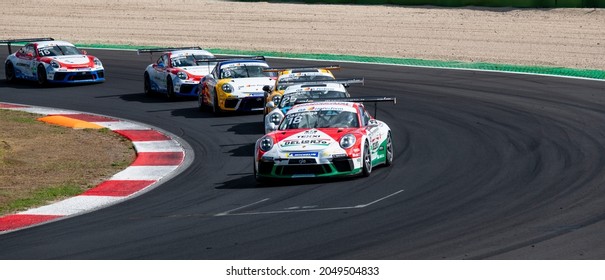 Vallelunga, Italy September 19th 2021 Aci Racing Weekend. Race Cars Challenging At Asphalt Circuit Turn, Porsche Carrera Group In Action