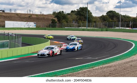 Vallelunga, Italy September 19th 2021 Aci Racing Weekend. Race Cars Challenging At Asphalt Circuit Turn, Porsche Carrera Group In Action