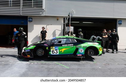 Vallelunga, Italy September 19th 2021 Aci Racing Weekend. Lamborghini Huracan Gt Race Car Team At Work In Circuit Pit Lane