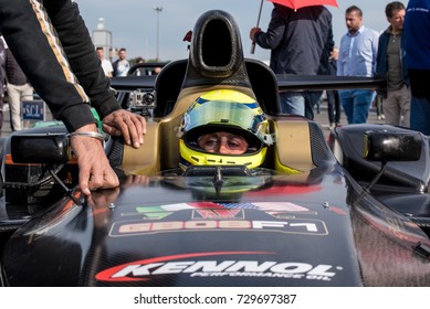 Vallelunga, Italy September 24 2017. Prototype Racing Car Driver Closeup Concentrated On Starting Grid Before Race Start