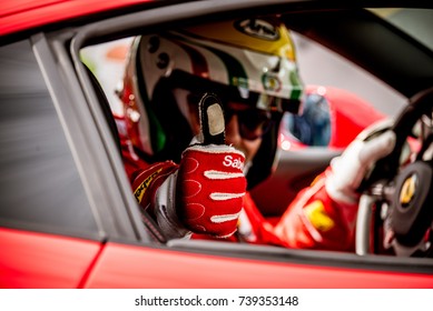 Vallelunga, Italy September 24 2017. Motorsport Ferrari Touring Car Racing Driver Thumbs Up Close Up In Cockpit