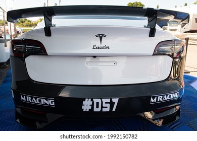 Vallelunga June 13 2021, Fx Series Racing. Close Up Of Tesla Executive Racing Electric Car Rear View With Tesla Logo