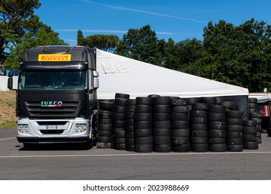 Vallelunga June 26 2021, Aci Racing Weekend. Pirelli Racing Tire Service Truck And Workshop In Circuit Paddock