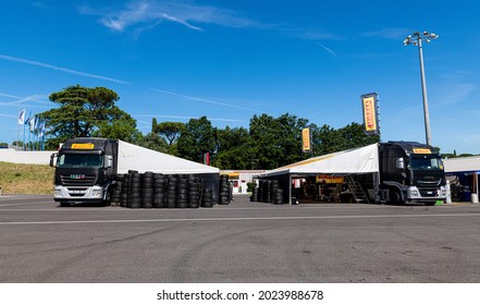 Vallelunga June 26 2021, Aci Racing Weekend. Pirelli Racing Tire Service Truck And Workshop In Circuit Paddock