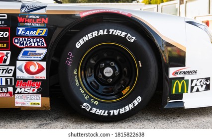 Vallelunga, Rome, Italy, 13 September 2020. American Festival Of Rome. Tire Close Up On Nascar Racing Car General Tire Logo