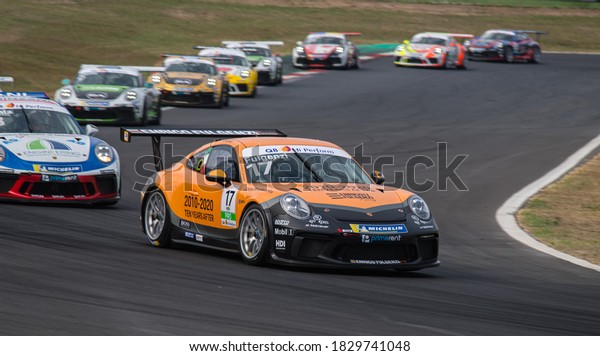 Vallelunga,\
Rome, Italy, 19 september 2020, Porsche Carrera cup championship,\
group of cars in action at turn during\
race