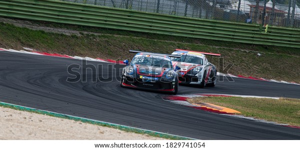 Vallelunga, Rome,\
Italy, 19 september 2020, Porsche Carrera cup championship, cars in\
action at turn during\
race