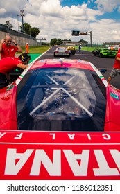 Vallelunga, Rome, Italy September 8 2018, Ferrari Touring Racing Car On Starting Grid Rear High Angle View