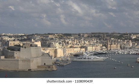VALLETTA - MALTA, 2 OCTOBER, 2017, Beautiful aerial view of ancient fortification walls in port