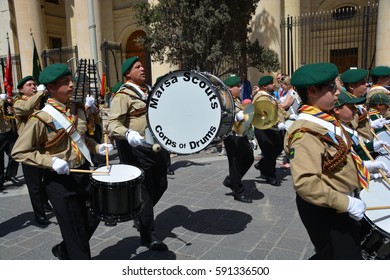 Valletta, Malta — 26 APRIL, 2015: The Traditional Parade Of Scouts In Honour Of Saint John, Protector Of The  Sovereign Military Hospitaller Order Of Saint John Of Jerusalem Of Rhodes And Of Malta 