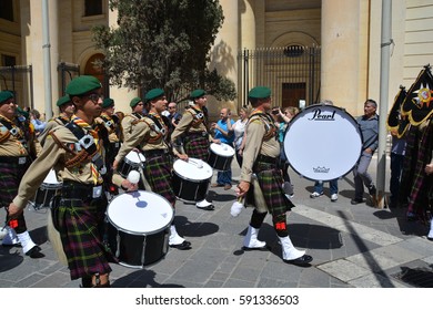 Valletta, Malta — 26 APRIL, 2015: The Traditional Parade Of Scouts In Honour Of Saint John, Protector Of The  Sovereign Military Hospitaller Order Of Saint John Of Jerusalem Of Rhodes And Of Malta 