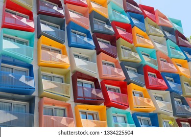 VALLETTA, MALTA - JUN 18, 2018: Spectacular, modern colorful building with balconys in different shapes and colors in a suburb to Valletta in Malta.Valletta, Malta. June 18, 2018