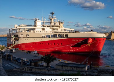 Valletta, Malta - November 30, 2016: PGS Ramform Titan Special Powerful Seismic Ship. Marine Seismic Vessel. Fully Integrated With GeoStreamer Technology.