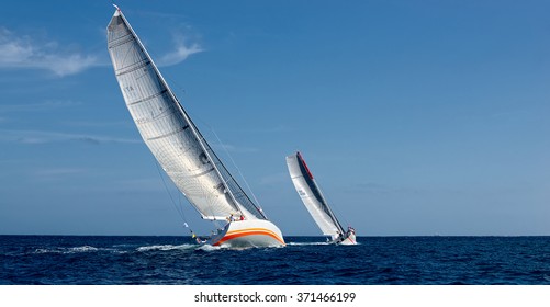 VALLETTA, MALTA - OCTOBER 17, 2015: Start Of Sailing Yachts In The Rolex Middle Sea Race. Yachting, Sailing, Malta On October 17, 2015