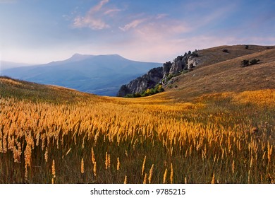 Valley between high mountains.