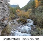Valley of the Cerveyrette torrent flowing into Lac Pont Baldy in Briancon, Hautes-Alpes, France	
