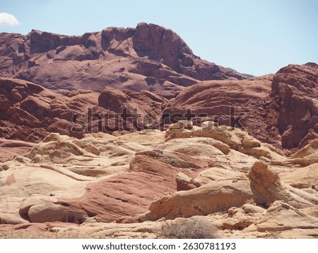 Valley of fire; rolling stone formations in red, tan, and beige sandstone