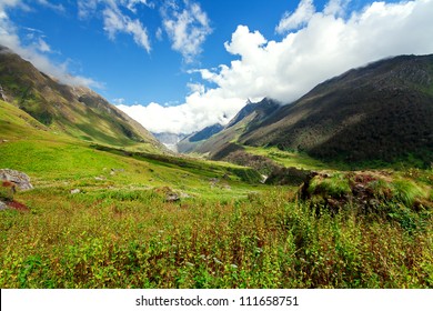 Valley Of Flowers National Park In The Himalayas, India. Beautiful Alpine Valley High In The Mountains, Early Autumn.