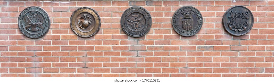 Valley Forge, PA - July, 3, 2020: Seals Of Each Department Of The United States Military Including The Army Which Originally Said 