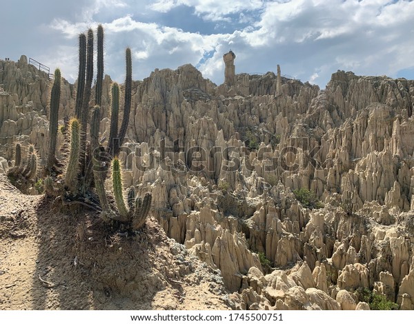 Valley of the Moon  (Valle de la Luna) got its\
name due to the fact that the local relief resembles the surface of\
the moon. located ten kilometers from La Pas, Bolivia. Surreal\
limestone rocks scene.