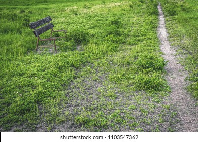 Valley path and abandoned bench. Road in irregular short green grass with some dry spots. Nature, weather and landscape concept photo