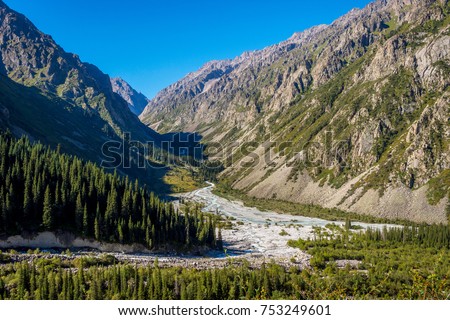 Valley with river and forest in Ala Archa national park, Kyrgyzstan