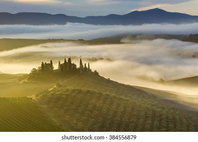 valley val d'Orcia,Tuscany Morning, foggy rural view