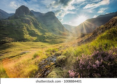 Valley view below the mountains of Glencoe, Lochaber, HIghlands, Scotland, UK - Shutterstock ID 1008884401
