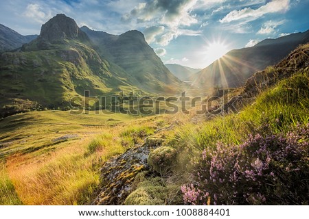 Valley view below the mountains of Glencoe, Lochaber, HIghlands, Scotland, UK