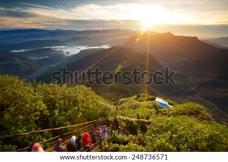 Valley view with villages and mountains at sunrise. View from Adam's peak, Sri Lanka