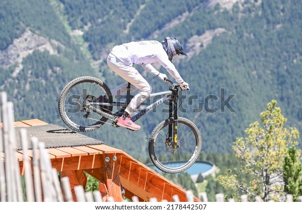 Vallnord, Andorra . July 14 2022 . UCI Mountain Bike\
World Cup 2022 -UCI Mountain Bike World Cup 2022 - DAY 1, RIDER\
PAIS in action during the men s Downhill Training of the UCI\
Mountain Bike World\
Cu