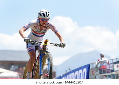 VALLNORD, ANDORRA  - JULY 7 2019:  CYCLIST in the MERCEDES-BENZ UCI MTB WORLD CUP 2019 - XCO Vallnord, Andorra on July 2019