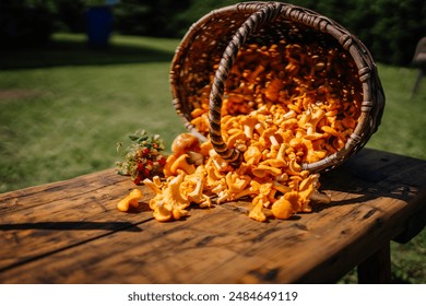 valmiera, Latvia - September 15, 2023 - A wicker basket of chanterelle mushrooms spilled on a wooden table outdoors, with a bunch of wild strawberries on the side. - Powered by Shutterstock