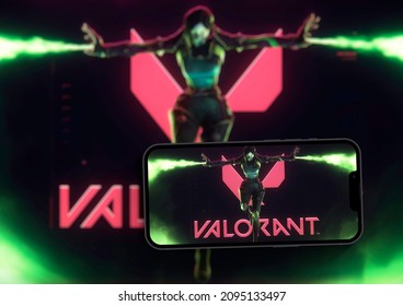 Valorant mobile game app on iPhone 13 Pro smartphone screen with the game blurred on background. Rio de Janeiro, RJ, Brazil. December 2021.